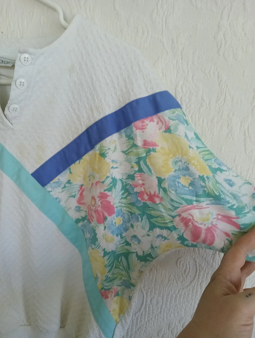 Koret White Floral Panel Colorblock Sweater Vintage Pastel Pink Blue Textured LG - Picture 7 of 12